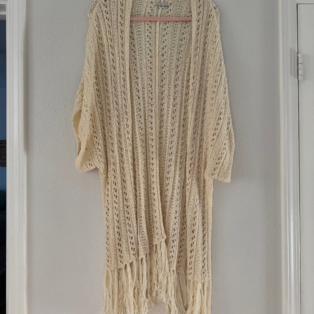 American Eagle White Crochet Cardigan with Tassels – Size One Size